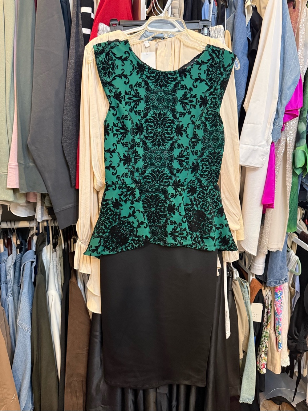 Iris Basic Emerald Green Black Flocked Baroque Peplum Dress
